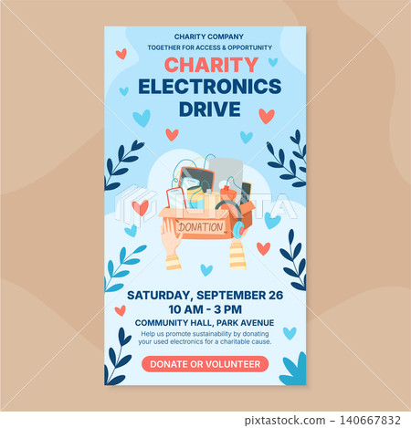 Charity electronic donation box flat poster. Volunteer hands hold a box with used electronic goods as a thoughtful gift for community support and help. Soft blue light background suits social media 140667832
