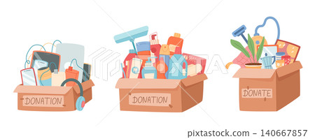 Donation box set with charity goods in soft pastel background. Gift container of useful goods show care and support for needy people and community. Colorful box of help promote donate idea share Donation box set with charity goods in soft pastel background. Gift container of useful goods show care and support for needy people and community. Colorful box of help promote donate idea share 140667857