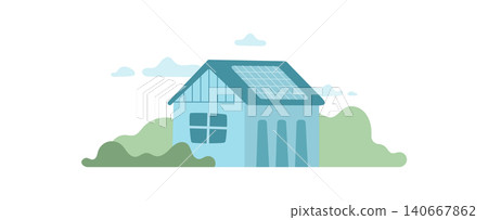 Sustainable eco home in flat style scene. Blue house with solar roof and window as simple family home. Eco roof and small garden show sustainable clean energy in modern suburban landscape 140667862