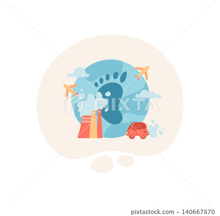 Cartoon carbon footprint on blue earth. Eco planet as green climate symbol and environmental warning. Small car and aviation with pollution as carbon emission concept, flat icon for sustainable 140667870