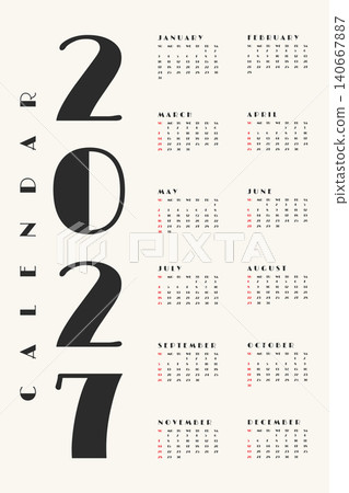 2027 minimalist typography wall calendar design vector illustration. 2027 minimalist typography wall calendar design vector illustration. 140667887