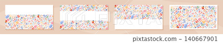 Cartoon artist supplies background template set. Flat art stationery set with brush and pencil as playful craft kit. Color crayon, marker and scissors icon pattern, creative painting supply template Cartoon artist supplies background template set. Flat art stationery set with brush and pencil as playful craft kit. Color crayon, marker and scissors icon pattern, creative painting supply template 140667901