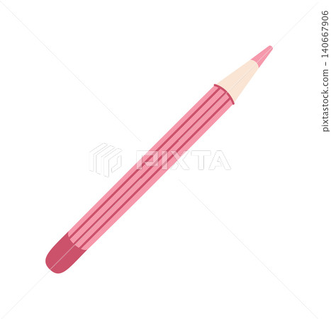 Cute flat pencil doodle in soft pink color. Simple stationery tool for school and art class as playful children supply. Fun cartoon icon as childish object for creative study or small draw project 140667906