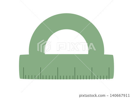 Cute cartoon half circle protractor doodle. Simple school chart tool as playful education object. Minimal stationery art for children and study class, green color symbol for academic background and 140667911