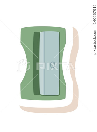 Cute cartoon pencil sharpener patch icon. Fun school stationery accessory for children and artist as playful tool. Simple green and white object for education art class, creative supplies childish Cute cartoon pencil sharpener patch icon. Fun school stationery accessory for children and artist as playful tool. Simple green and white object for education art class, creative supplies childish 140667913