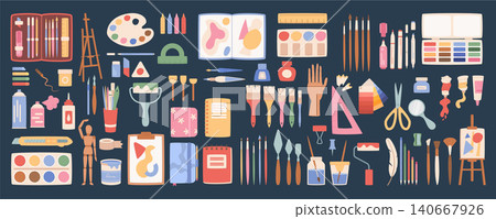 Cartoon paint craft supplies set isolated on dark background. Colorful art tool collection as playful brush and pencil icons. Cute school supply palette and watercolor layout for children class poster Cartoon paint craft supplies set isolated on dark background. Colorful art tool collection as playful brush and pencil icons. Cute school supply palette and watercolor layout for children class poster 140667926