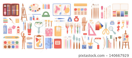 Colorful flat art craft supplies set isolated on white. Fun stationery and painting tools doodle objects. Watercolor brush, pencil, and paint supply suit creative school class children study, Colorful flat art craft supplies set isolated on white. Fun stationery and painting tools doodle objects. Watercolor brush, pencil, and paint supply suit creative school class children study, 140667929
