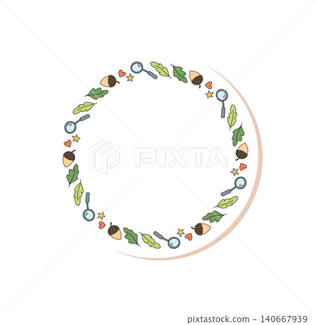 Circle expedition sticker frame in sketch and color doodle style. Adventure frame for outdoor and travel camp, hiking nature themes. Creative colorful ring for camp, travel or adventure sticker Circle expedition sticker frame in sketch and color doodle style. Adventure frame for outdoor and travel camp, hiking nature themes. Creative colorful ring for camp, travel or adventure sticker 140667939