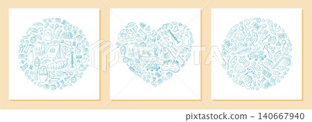 Round travel banner in blue sketch style with adventure and hiking elements. Forest camp equipment and picnic symbols combine in an outline doodle collection for a trip theme, perfect for camping Round travel banner in blue sketch style with adventure and hiking elements. Forest camp equipment and picnic symbols combine in an outline doodle collection for a trip theme, perfect for camping 140667940