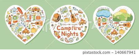 Hand drawn round poster with campfire, tent, and backpack in colorfull doodle style set. This adventure camp set includes hiking, picnic, and guitar as heart camp elements for travel poster art. 140667941