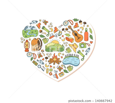 Heart shape camp adventure doodle sticker in color. Nature, hiking and mountain display as colorful campfire, lake and backpack for banner or heart shape outdoor theme. Heart shape camp adventure doodle sticker in color. Nature, hiking and mountain display as colorful campfire, lake and backpack for banner or heart shape outdoor theme. 140667942