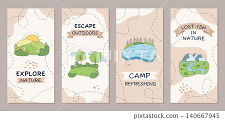 Outdoor camp adventure banner set with green hand drawn doodle elements. Nature, mountain, forest, lake and color map in travel background. Collection for outdoor and nature themes. Outdoor camp adventure banner set with green hand drawn doodle elements. Nature, mountain, forest, lake and color map in travel background. Collection for outdoor and nature themes. 140667945