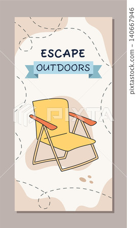 Vertical poster with colorful adventure camp equipment in doodle style. Outdoor summer trip background in bold color graphic, ideal for camp and adventure themes. Fun and modern design for poster or Vertical poster with colorful adventure camp equipment in doodle style. Outdoor summer trip background in bold color graphic, ideal for camp and adventure themes. Fun and modern design for poster or 140667946