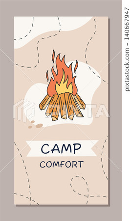 Doodle sketch of campfire banner and comfort outdoor background. Vertical camp adventure with campfire, fire, and hiking context. Color icon style for camp trip or camping adventure. 140667947