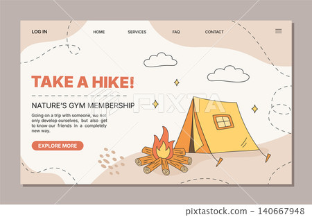 Colorful camping adventure doodle background in outdoor nature style. Horizontal camp scene with tent, campfire and bright color design for hiking, trip or graphic project. Colorful camping adventure doodle background in outdoor nature style. Horizontal camp scene with tent, campfire and bright color design for hiking, trip or graphic project. 140667948