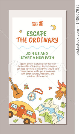 Vertical camping poster in colorful sketch style with camp map, car, guitar and campfire as adventure doodle elements. Background with compass and travel idea suits poster for summer camp holiday Vertical camping poster in colorful sketch style with camp map, car, guitar and campfire as adventure doodle elements. Background with compass and travel idea suits poster for summer camp holiday 140667953