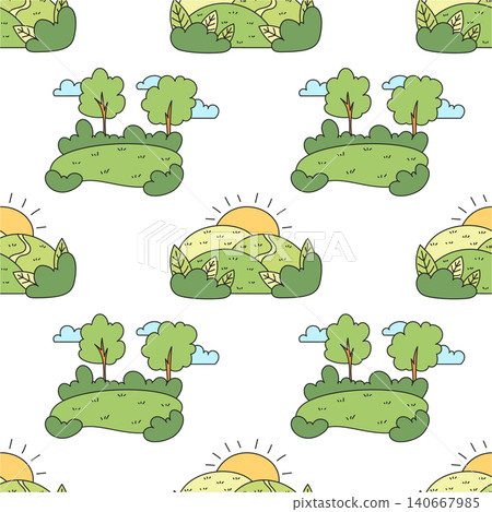 Adventure nature doodle seamless pattern with green outdoor background and tree, mountain forms. Forest, camp and travel theme with color shapes for pattern getaway inspiration. Adventure nature doodle seamless pattern with green outdoor background and tree, mountain forms. Forest, camp and travel theme with color shapes for pattern getaway inspiration. 140667985
