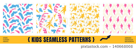 Playful crayon star shapes tossed in a seamless repeat for kid wrapping paper. Scribbled sparks and specks brushed across a bright ground. Hand drawn vector pattern with cheerful scattered star motif 140668008