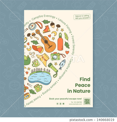 Outdoor adventure doodle vertical poster in color style. Forest, lake and camp elements with summer hat, mug, fishing and guitar. Poster conveys an outdoor adventure theme. Outdoor adventure doodle vertical poster in color style. Forest, lake and camp elements with summer hat, mug, fishing and guitar. Poster conveys an outdoor adventure theme. 140668019