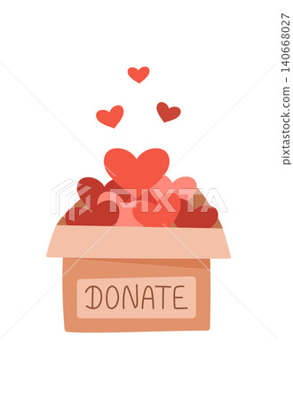 Charity donate box with red heart symbol. Gift of care and support as simple help. Donation concept as people share love and give hope. Kind background for community aid, welfare message humanitarian 140668027