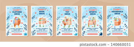 Charity donation box banner with light flat background set. Volunteer poster with donate box and gift for people and community. Support charity contribution as heart banner for print. 140668031