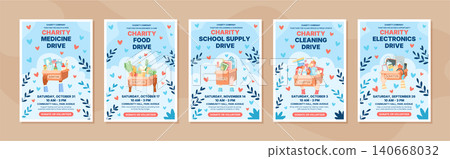 Charity poster set with light background and flat style. Each donate gift box show community support and help for needy people as assistance donation. Useful for charity promotion print. 140668032