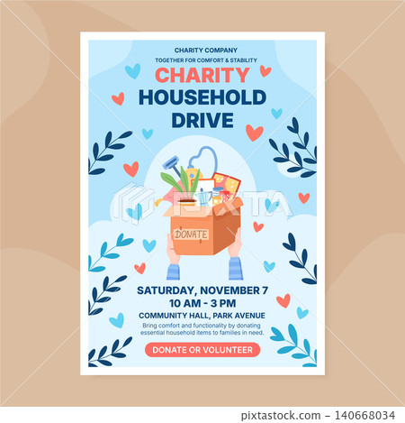 Charity household drive banner with donation box in flat style. Volunteer hands raise a gift box as support for community and charity. Home appliance donation theme, light background poster for help 140668034