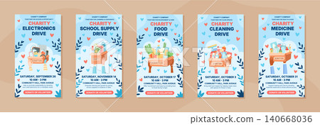 Charity donation box concept in flat style set. Gift aid box and support poster for social media background as light blue layout. People and community share donate goods with heart idea, needy help Charity donation box concept in flat style set. Gift aid box and support poster for social media background as light blue layout. People and community share donate goods with heart idea, needy help 140668036