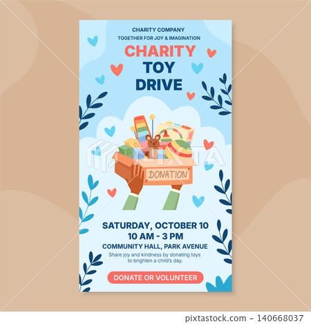 Charity toy support box poster with flat light background. Colorful donation gift box as warm help for each child and children in need. Social media banner for community volunteer drive and local Charity toy support box poster with flat light background. Colorful donation gift box as warm help for each child and children in need. Social media banner for community volunteer drive and local 140668037