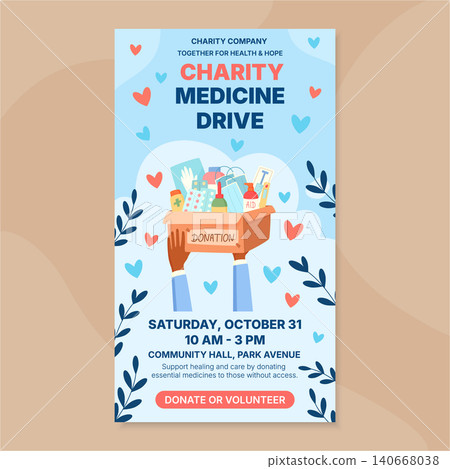 Light flat concept of charity medicine donation box with colorful aid and help items. Healthcare gift as support for people in need. Soft blue and beige background for social media poster donation Light flat concept of charity medicine donation box with colorful aid and help items. Healthcare gift as support for people in need. Soft blue and beige background for social media poster donation 140668038