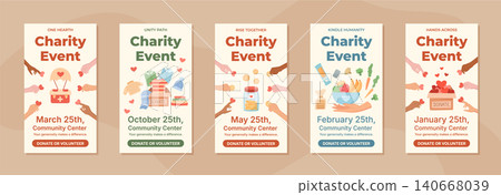 Charity event banner set in warm beige and red colors. Donation poster layout for food and money support by community people volunteer hand. Concept of donate gift help as modern banner template Charity event banner set in warm beige and red colors. Donation poster layout for food and money support by community people volunteer hand. Concept of donate gift help as modern banner template 140668039