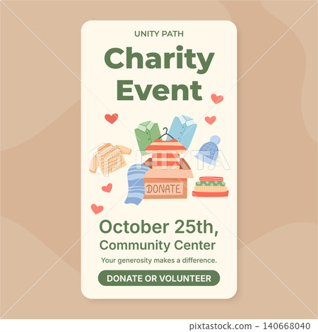 Charity event poster template in soft beige and green color. Community donate concept as people give cloth and goods in a support box. Volunteer help donation idea for local event, social campaign Charity event poster template in soft beige and green color. Community donate concept as people give cloth and goods in a support box. Volunteer help donation idea for local event, social campaign 140668040