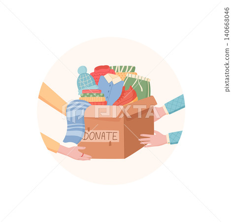 Flat circle sticker show clothes donation box. Cute community gift box as charity help symbol with cartoon character hand and warm goods. Simple cover for support, care and donate theme use 140668046