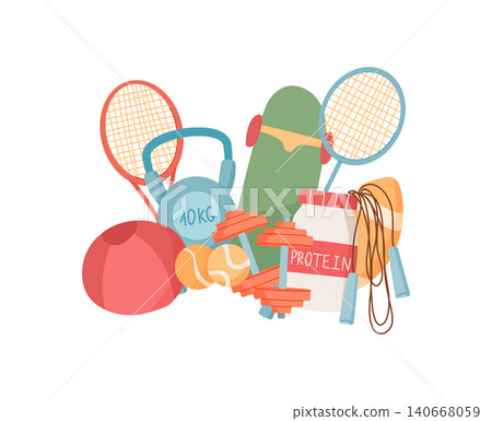Cartoon sport equipment composition with flat ball and box on white background. Sport set with gift and donate concept as charity support idea for community people. Colorful icon for welfare poster 140668059