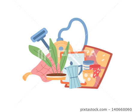 Flat composition of used home appliance and goods on white background. Mixed donation box content as bag, container, and kit for recycle help. Simple charity scene for community aid welfare theme Flat composition of used home appliance and goods on white background. Mixed donation box content as bag, container, and kit for recycle help. Simple charity scene for community aid welfare theme 140668060