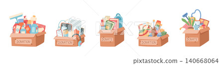 Set of donation gift boxes in soft flat color style. Each box with food, cloth and book shows charity support for needy people and kid care. Toy bear, bag mixed goods show share, help donation for Set of donation gift boxes in soft flat color style. Each box with food, cloth and book shows charity support for needy people and kid care. Toy bear, bag mixed goods show share, help donation for 140668064