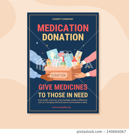 Charity medicine support box banner in flat style. People hold a donation box with gift aid for needy community. Healthcare donation background for poster and print as help to poor and homeless Charity medicine support box banner in flat style. People hold a donation box with gift aid for needy community. Healthcare donation background for poster and print as help to poor and homeless 140668067