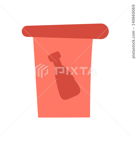 Red trashcan bin simple flat symbol. Vertical plastic container with bottle refusebin as clean rubbish sign. Modern waste can for garbage disposal in kitchen or office, eco sanitation icon on white 140668069