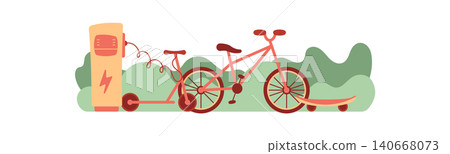 Flat eco electric transport scene with scooter and bicycle near station in soft green color. Ecological e and scooter form friendly mobility concept. Sustainable urban transport idea green lifestyle 140668073