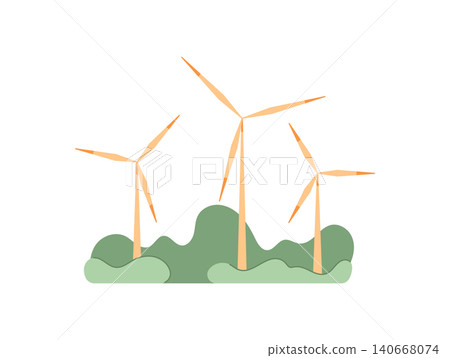 Minimal flat windmill icon with soft green environment and simple eco shapes. Renewable wind energy turbine farm as clean power symbol and green ecology concept. Modern wind graphic for earth 140668074