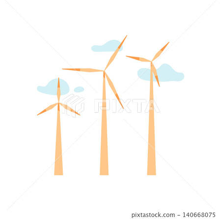 Simple cartoon windmill scene in flat style. Minimal eco turbine farm as clean energy symbol. Green environment and renewable power concept for sustainable future and ecology poster or web cover Simple cartoon windmill scene in flat style. Minimal eco turbine farm as clean energy symbol. Green environment and renewable power concept for sustainable future and ecology poster or web cover 140668075