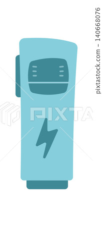 Cartoon flat eco car charging station. Simple blue auto power icon for clean energy and sustainable transport. Minimal ev power point symbol for modern environment concept, poster and web art 140668076