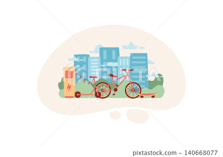 Electric transport scene in flat eco style. Green city environment with scooter and bicycle near station. Cartoon graphic city background as eco mobility concept for sustainable future lifestyle Electric transport scene in flat eco style. Green city environment with scooter and bicycle near station. Cartoon graphic city background as eco mobility concept for sustainable future lifestyle 140668077