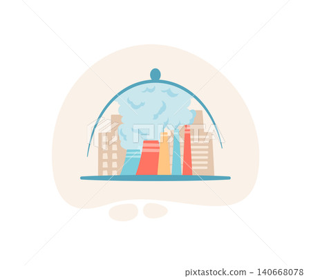 Flat eco icon shows industrial air pollution. Toxic gas and smoke cover city factory scene as dirty atmosphere and threat to environment. Concept suits ecology, climate change, sustainable future Flat eco icon shows industrial air pollution. Toxic gas and smoke cover city factory scene as dirty atmosphere and threat to environment. Concept suits ecology, climate change, sustainable future 140668078
