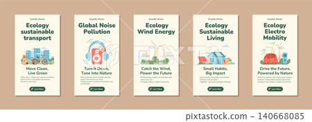 Vertical eco poster set with green energy city scene and calm flat style. Sustainable lifestyle template shows bicycle transport, solar home and wind power as friendly environment concept. Useful for Vertical eco poster set with green energy city scene and calm flat style. Sustainable lifestyle template shows bicycle transport, solar home and wind power as friendly environment concept. Useful for 140668085