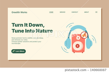 Eco noise pollution protection banner with flat layout and horizontal format. Health and safety theme for sound control in the environment. Clean eco concept suits landing page about noise Eco noise pollution protection banner with flat layout and horizontal format. Health and safety theme for sound control in the environment. Clean eco concept suits landing page about noise 140668087