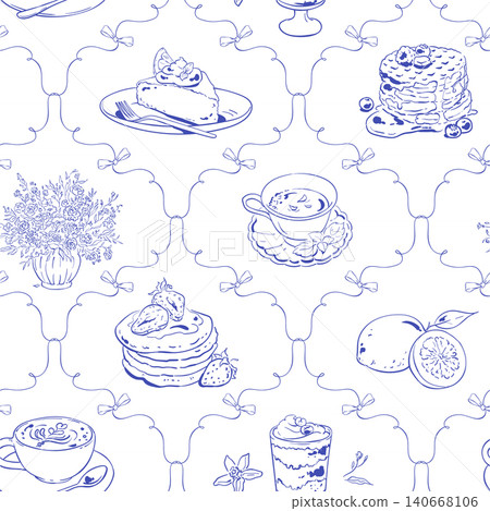 Whimsical French breakfast cafe pattern in blue seamless. Seamless morning food sketch as cute cafe backdrop and vintage brunch background. Doodle croissant, pancakes, cake and lemon as hand drawn Whimsical French breakfast cafe pattern in blue seamless. Seamless morning food sketch as cute cafe backdrop and vintage brunch background. Doodle croissant, pancakes, cake and lemon as hand drawn 140668106