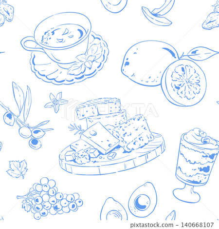 Whimsical mediterranean breakfast pattern in blue seamless. Hand drawn food doodle shows olive and lemon as gourmet meal detail. Cute italian dessert plate with cheese and avocado suits cafe menu Whimsical mediterranean breakfast pattern in blue seamless. Hand drawn food doodle shows olive and lemon as gourmet meal detail. Cute italian dessert plate with cheese and avocado suits cafe menu 140668107