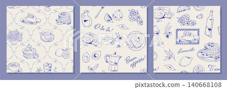Whimsical blue breakfast pattern with hand drawn brunch food seamless. Cute croissant and pancakes as vintage cafe menu motif. Italian dessert and coffee collection for cozy bakery background Whimsical blue breakfast pattern with hand drawn brunch food seamless. Cute croissant and pancakes as vintage cafe menu motif. Italian dessert and coffee collection for cozy bakery background 140668108