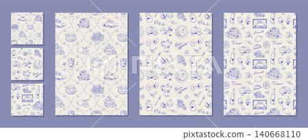 Coquette mediterranean brunch pattern in blue line seamless set. Hand drawn cafe breakfast food doodle as seamless set. Cute italian and french meal background for vintage bakery menu and cozy Coquette mediterranean brunch pattern in blue line seamless set. Hand drawn cafe breakfast food doodle as seamless set. Cute italian and french meal background for vintage bakery menu and cozy 140668110